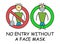 Funny vector stick man with a face mask in children`s style. No Entry Without a Face Mask sign red prohibition. Stop symbol.