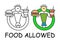 Funny vector stick man with a hamburger and drink in children`s style. Allowed picnic sign green. Not forbidden symbol. Sticker o