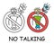 Funny vector stick man with his mouth sealed with a megaphone in children`s style. No speaking no talk sign red prohibition.