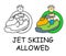 Funny vector stick man on Jet Ski in children`s style. Allowed waverunner sign green. Not forbidden symbol. Sticker or icon for