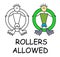 Funny vector stick man with a Rollerblades in children`s style. Allowed riding sign green. Not forbidden symbol. Sticker or icon