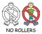 Funny vector stick man with a Rollerblades in children`s style. No Roller skates sign red prohibition. Stop symbol. Prohibition.