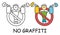 Funny vector stick man with a spray in children`s style. No graffiti no aerosol sign red prohibition. Stop symbol.