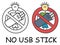 Funny vector stick man with USB flash drive in children`s style. Ban sign red prohibition. Stop symbol. Prohibition icon sticker