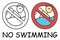 Funny vector stick swimmer in children`s style. No swimming sign red prohibition. Stop symbol. Prohibition icon sticker.