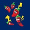 Funny vegetable characters. Cartoon chilli family. Cute mascot isolated on a blue background.