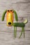 Funny vegetable dog made on wooden background