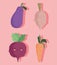 funny vegetables cartoon onion eggplant radish and carrot icons
