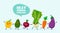 Funny vegetables with text balloons go hand in hand one after another. Vector vegetable isolates in cartoon style. Vitamins. Handw