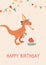 Funny velociraptor blows a festive tune. Happy Birthday. Dino in heart-shaped sunglasses and a cap. Birthday card