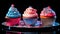 Funny vibrantly american cupcakes with fruit decoration on a blur background