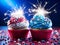 Funny vibrantly american cupcakes with fruit decoration on a blur background