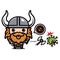 The funny viking man cartoon character fights off the virus by throwing an ax