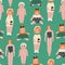 Funny vintage dolls seamless pattern. Retro 50s design toys.