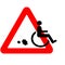 Funny warning road sign wheelchair icon riding away with speed