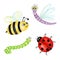 Funny watercolor, bright cartoon insects collection. Wasp, bee, bumblebee, worm, caterpillar, ladybug, dragonfly.