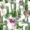 Funny watercolor seamless pattern of alpaca and llama