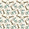 Funny watercolor seamless pattern with basset hound dogs and turquoise retro bikes on a light background