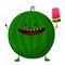 Funny watermelon with ice cream in cartoon style. Vector. Cheerful round fruit with a smile