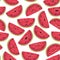 Funny watermelon seamless pattern. Slices of delicious summer fruit with different kawaii emotions in a cute flat