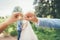 Funny wedding photo with newlyweds and rings