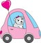 Funny white bear drives a car