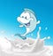 Funny white fish splash in milk on blue background -