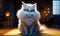 Funny white fluffy big-eyed smiling cat. Domestic feline sitting on the floor of the room. Generative AI