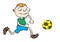 Funny white school boy playing soccer