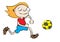 Funny white school girl playing soccer