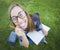 Funny Wide Angle of Nerdy Teen with Books and Pencil