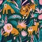 Funny wild animals in tropical thickets. Cute fabric design with tigers and lions. Exotic zoo repeat background