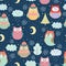 Funny winter owls at night seamless pattern