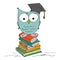 Funny wise owl standing on the pile of books, graduation cap on the head