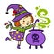 Funny witch is cooking something poisonous in her cauldron on a white background.