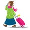 Funny woman air passenger with suitcase and phone