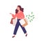 Funny woman carrying bags with purchases. Concept of shopping addiction, shopaholic behavior. Mental illness, behavioral