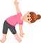 Funny woman cartoon exercing yoga sport tilt the body with waving