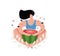 Funny woman eating watermelon flat vector illustration.