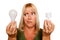 Funny Woman Holding Energy Saving & Regular Bulbs