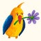 Funny yellow-blue bird with flover