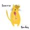 Funny yellow cat singing in microphone.