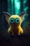 Funny yellow Fairy creature with big turquoise eyes in a magical fairy-tale forest. Generative Ai