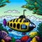 Funny yellow fishlike submarine in the sea