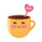 Funny yellow mug of hot chocolate, coffee or cocoa with a pink heart. Kawaii cartoon character. Nice Cup with a sweet drink.