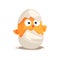 Funny yellow newborn chicken in broken egg shell