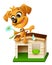 Funny yellow puppy sitting on doghouse and tearing off petal of chamomile