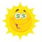 Funny Yellow Sun Cartoon Emoji Face Character With Dollar Eyes And Smiling Expression.