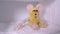 Funny yellow toy mouse, smiling, sits in the deep freeze. Hunger concept.