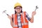 Funny young construction worker with hammer and